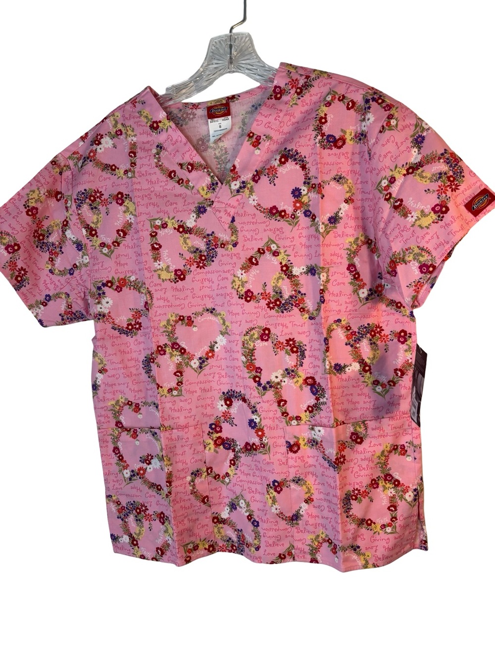 Dickies Pink Floral Heart Print Scrub Top